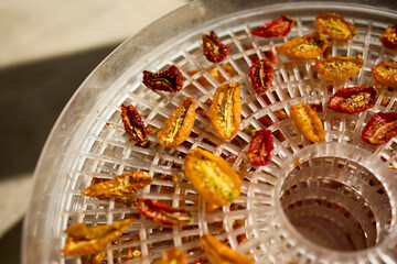 Bright red and yellow cherry tomatoes are arranged in a dehydrator, drying under warm air. This healthy method preserves their flavor, perfect for summer snacks.