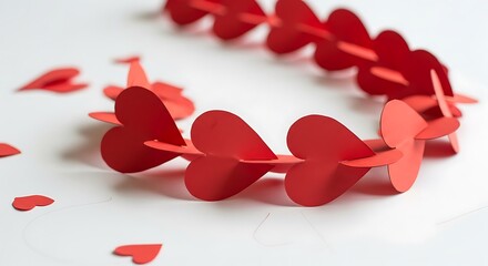 Handmade red paper heart garland decoration for valentines day and romantic celebrations