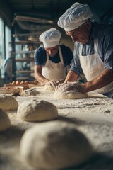 Two male bakers in white aprons and chef's hats knead dough on the table of an industrial bakery with eggs, flour, sugar, oil, and water on it.