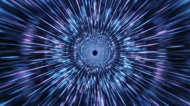 Flying rapidly through an abstract digital tunnel constructed from shifting parallel blue and violet light grids representing high-speed data transfer innovation, speed, flying rapidly