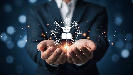 Businessman presents online education concept with graduation cap and book in his hands, symbolizing knowledge and learning for future success.