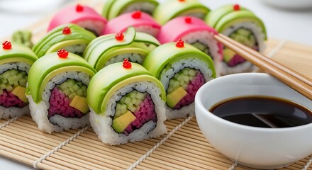 Artfully arranged colorful sushi rolls with avocado and red garnish served with soy sauce