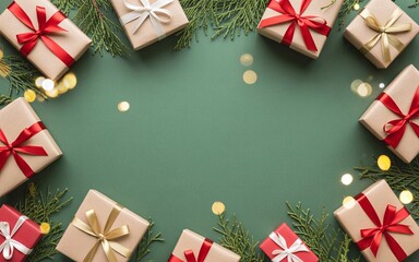 Christmas Gift Boxes and Fir Branches on Green Background