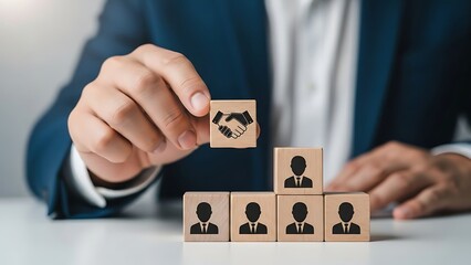 Businessman placing wooden block with handshake symbol on top of pyramid of blocks with people symbols, representing teamwork and success in business.