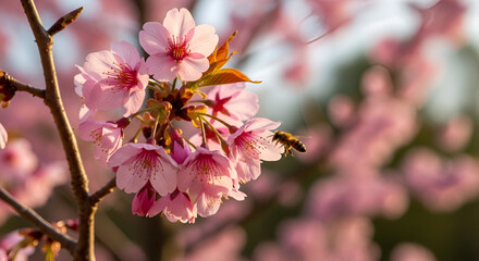 Obraz premium Delicate pink cherry blossoms blooming in spring, with a honeybee collecting pollen in the soft afternoon light creating a vibrant and beautiful floral scene