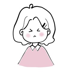 Cute hand drawn line art illustration of a frustrated girl with short hair closing eyes tight