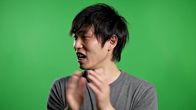 Lively young Asian man with messy black hair and prominent dental braces enthusiastically speaking and gesturing on an isolated green screen background perfect 