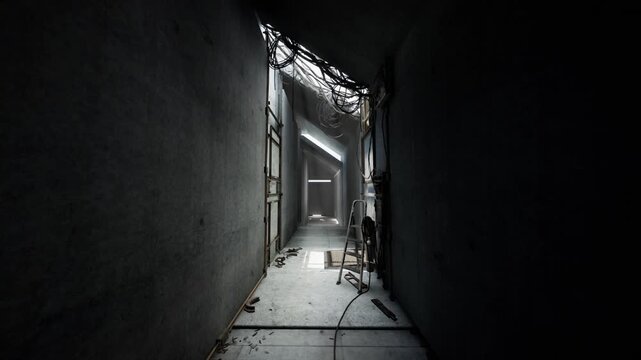 A long, dimly lit corridor within an abandoned industrial building reveals cracked walls and exposed wires. Light filters through the gaps, creating a mysterious atmosphere for exploration.