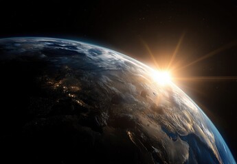 Abstract view of the earth from space with sun rays and stars on a black background.