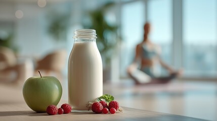 Health lifestyle and wellness nutrition targeting support strong commercial demand for fitness advertising, diet promotions and healthy living campaigns. Milk bottle with apple and berries complements