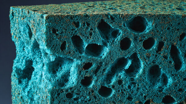A close-up of a blue sponge with pores, showcasing texture and detail. A macro shot of the porous material