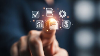 Obraz premium Hand touching holographic screen with business icons for data analysis, finance, growth.