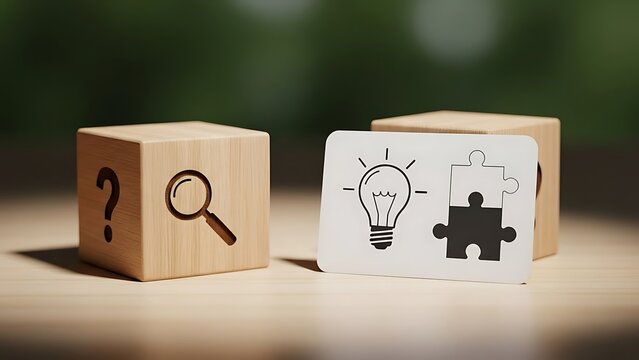 Wooden blocks displaying question mark and magnifying glass sit next to card with lightbulb and puzzle pieces on table, representing problem solving and ideas.