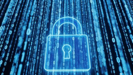 Vibrant blue digital padlock symbolizing robust cybersecurity and data protection against a backdrop of flowing binary code streams - Powered by Adobe