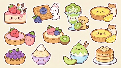 A charming collection of cute kawaii food stickers featuring adorable animal characters enjoying sweet desserts like tarts, cakes, and ice cream
