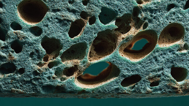 A close-up view of a porous sea sponge, revealing its intricate texture and cavities. This image highlights the sponge's unique and delicate structure