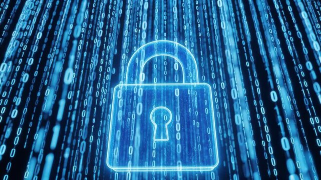 Vibrant blue digital padlock symbolizing robust cybersecurity and data protection against a backdrop of flowing binary code streams