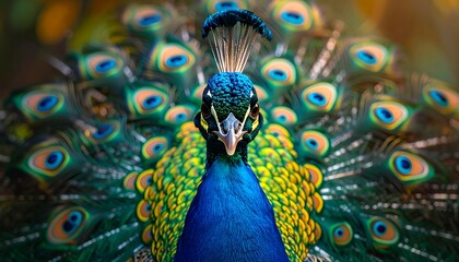 Close-up of a peacock's head and open tail feathers displaying intricate patterns and vibrant colors, exuding elegance