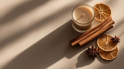 Candle with cinnamon sticks and dried citrus emphasizes aromatherapy, wellness retail and seasonal home fragrance marketing. Image is suited for branding of scented candles, spa products, cozy 