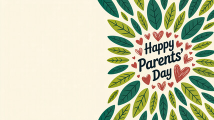 Happy Parents' Day greeting card with hand-drawn hearts and a wreath of green leaves on a cream background.