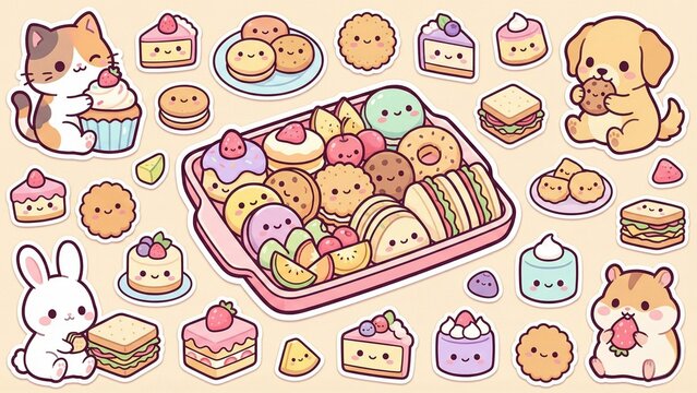Adorable Pastel Bakery Delights Cute Cat, Dog, Rabbit, Cupcakes, and Sweet Treats Collection