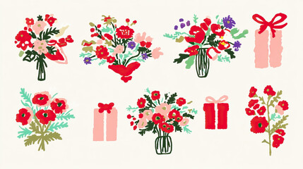 Colorful, vibrant illustrations featuring gift boxes, decorative flower arrangements, and bouquets on a light background. Festive atmosphere, holidays, and special occasions, flower shop
