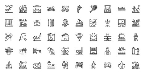 Set of Outdoor activities vector. Forest, Archery, Hang Out, Motorbike, Tennis, Cafe, Water Park, Speedboat, Kick Scooter, Gardening, Bicycle, Movie, Cable Car, Ski, Hot Air Balloon, Barbecue icon.
