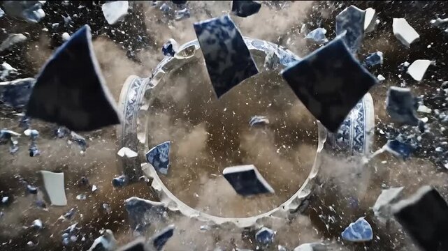 Antique Blue And White Ming Porcelain Vase Exploding Into Shards In Slow Motion