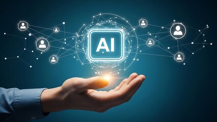 Hand holding artificial intelligence icon with global network and user connections.