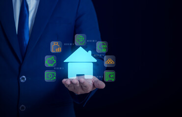 Businessman protecting a glowing house icon with insurance and finance symbols, representing home security, property protection, and financial safety.