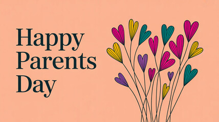 Happy Parents Day greeting card with colorful heart-shaped flowers on a peach background.