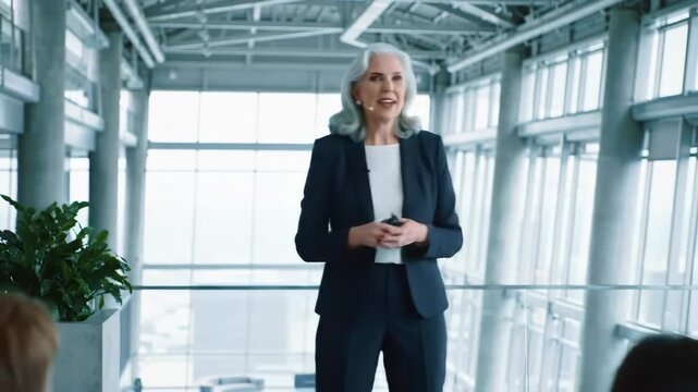 Mature woman presenting in modern office. Business presentation, leadership, communication. Confident executive, speaker. Businesswoman delivers speech in building. Technology.