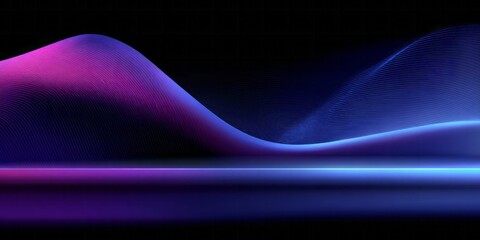 Abstract flowing waves of glowing magenta and cyan light move across a dark stage