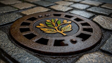 Artistic manhole cover detail featuring a botanical design on a cobblestone street, perfect for urban design, city infrastructure, and unique streetscapes with a natural touch