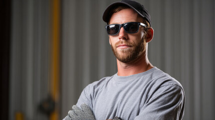 Confident young man wearing sunglasses, cap, and work gloves standing with arms crossed in industrial setting with blurred background