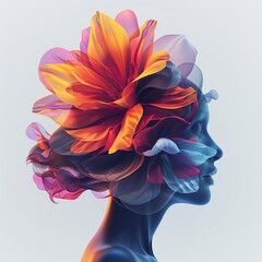 Stylized human head silhouette with a blooming flower emerging from the mind, replacing hair, symbolizing thoughts, creativity, and mental growth