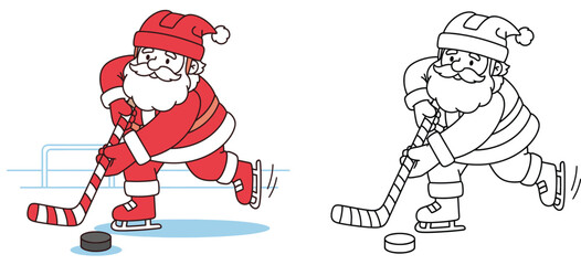 Coloring book page and colored example of Santa Claus playing ice hockey; funny cartoon character skating with stick and puck; vector illustration for christmas holiday activity