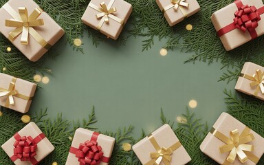 Christmas Gift Boxes and Fir Branches on Green Background