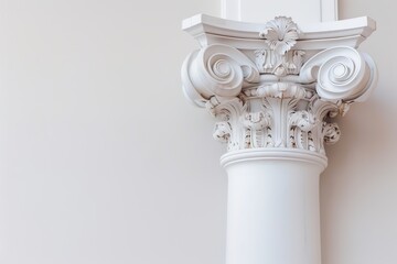 A classical column stands against a plain wall. The base of the column features intricate designs and ornamentation. The background is mostly empty, allowing the column to be the main focus