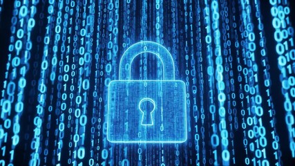 Cybersecurity concept featuring a secure blue wireframe padlock icon centered amidst flowing vertical columns of digital binary code numbers - Powered by Adobe