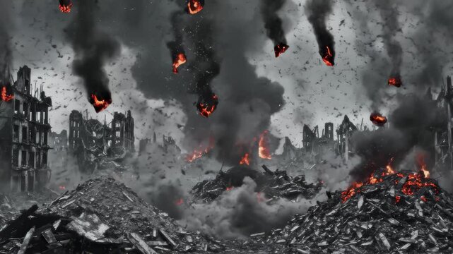 City Landscape Suffers Destruction and Fire From Bombing Attack