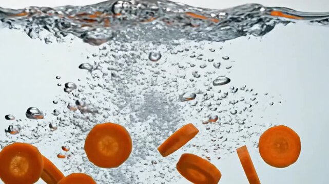 The video captures a dynamic scene of vibrant orange vegetable slices submerged into clear water, generating an effervescent burst of bubbles and gentle splashes. The crisp, clean aesthetic with a bri
