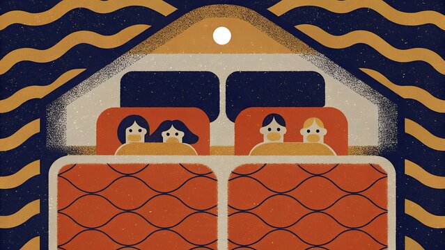 Smart Home Health Monitoring: Sleeping Family Protected by Ambient Environmental Sensor Waves Vector Illustration - Powered by Adobe