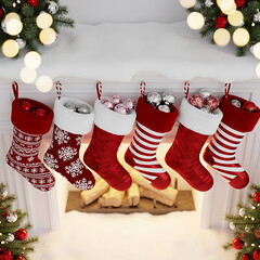 Six festive red and white christmas stockings filled with candy hanging from a decorated fireplace mantel