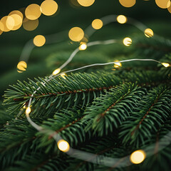 Closeup of warm yellow fairy lights illuminating the dark green needles of a fresh pine or fir tree branch during winter