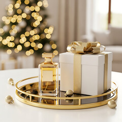 Elegant perfume bottle and white gift box with gold ribbon on a reflective tray, christmas tree bokeh background