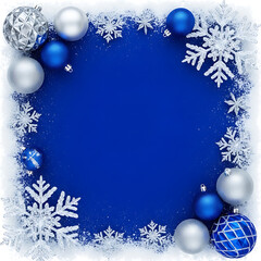 Blue christmas background frame with silver and blue ornament bauble decoration and white snowflake border