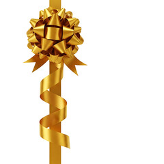 Shiny golden gift bow with curling ribbon isolated on white background for celebration and present decoration