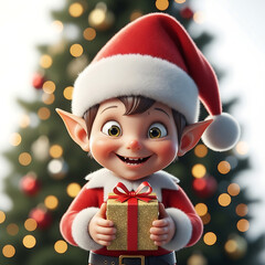 Cute cartoon christmas elf character wearing a santa hat holding a small golden gift box in front of a decorated tree