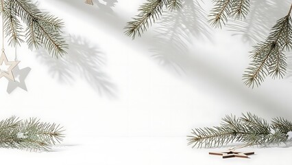 Obraz premium White winter background with pine branches and wooden stars casting shadows for seasonal frame